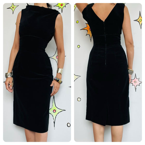 50s Black Velvet Dress | Pin Up Classic Vintage Goth Party Wiggle Glam Vixen XS