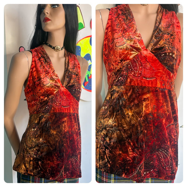 Red Crushed Velvet Paisley Top 90s Vintage Fairy Grunge Blouse Boho Romantic - L