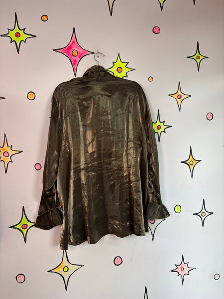 Vintage 80s Metallic Gold Oversized Blazer Shirt Disco Glam Goth Shrug Top XL+