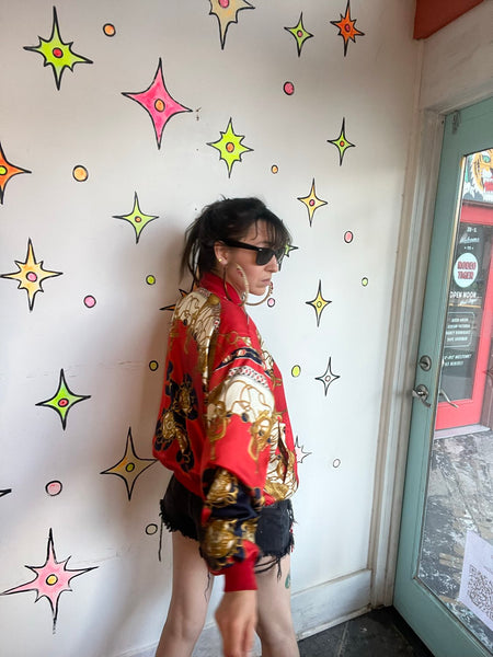 Vintage 80s Red Baroque Bomber Jacket Regal Scarf Print Statement Coat XL+