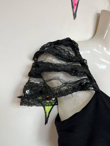 Vintage Tulle Mermaid Ruffle Hem Maxi Dress Black Lace Old Hollywood Glam 1930s