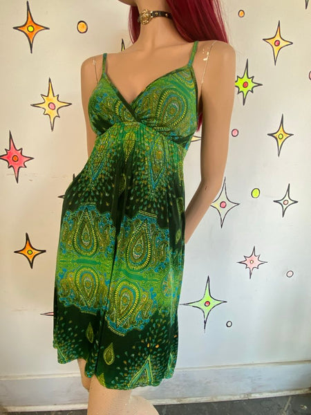 Boho Forest Green Paisley Fairy Slip Dress Whimsigoth Grunge Ethereal S