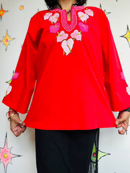 Vintage Cherry Red Boho Embroidered Cotton Blouse – Peasant Folk Top – Flowy XL
