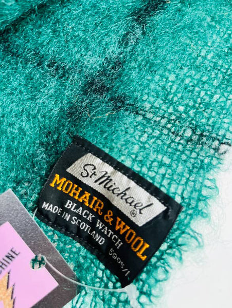 Vintage Fuzzy Tartan Scarf Navy & Green Emo Grunge Mohair Wool Oversized Wrap