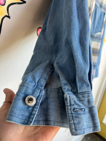 90s GITANO Denim and Plaid Flannel Long Sleeve Zip-Up Shirt | Grunge Boho | L
