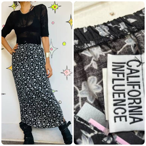 Vintage 90s Black Floral Fairy Grunge Maxi Skirt – Whimsy Goth Boho Vibes – Sz 4