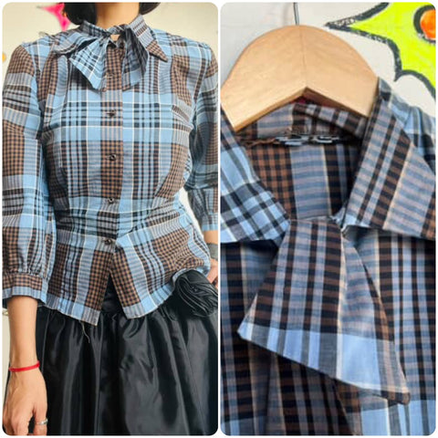 Vintage 40s 50s Blue Plaid Bow-Neck Secretary Blouse – Light Academia – Small – Preppy-core