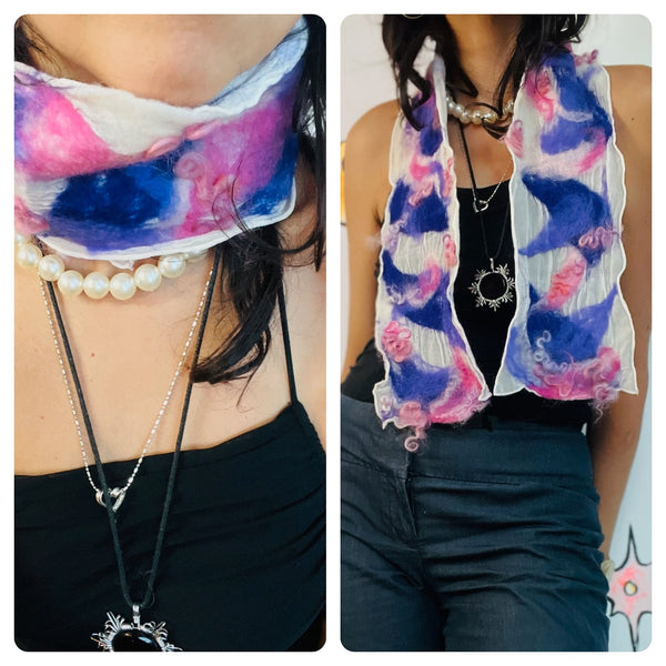 90s Nuno-Felted Abstract Art Scarf – White, Purple & Pink Fuzzy Fairy Grunge