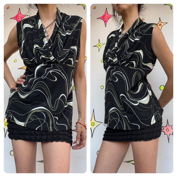 Vintage Y2K Black Green Cyber Fairy Grunge Top Slinky Goth Abstract Print - L