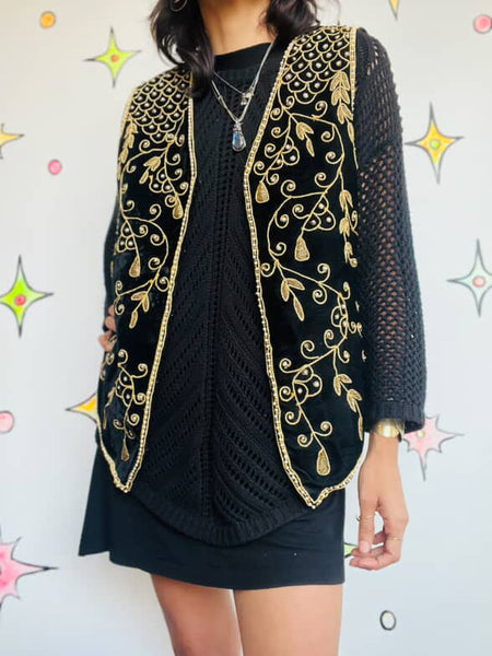 Vintage 80s 90s Black & Gold Embroidered Beaded Velvet Boho Vest - Size L