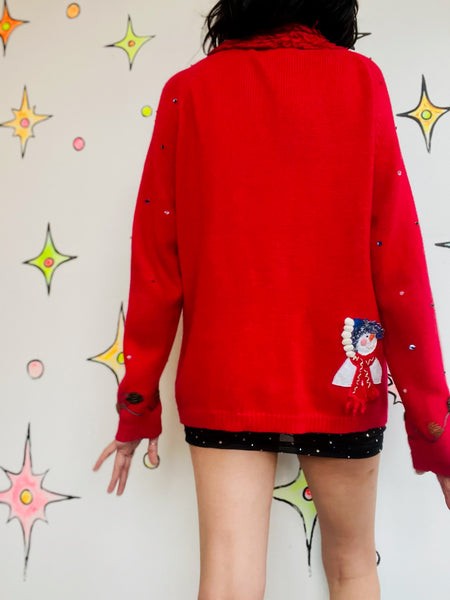 Vintage 80s 90s Red Ugly Tacky Christmas Sweater Cardigan – Snowman – S