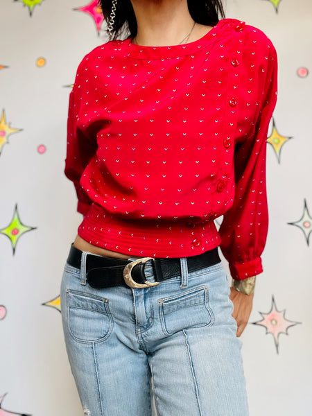 Vintage 80s Pink Rainbow Polka Dot Hearts Blouse | Academia Office Charm Top | S