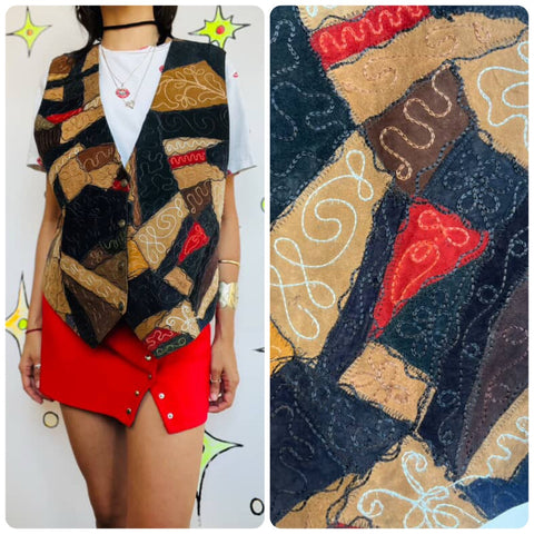 Vintage 90s Patchwork Embroidered Boho Grunge Vest Cottagecore Statement Piece L