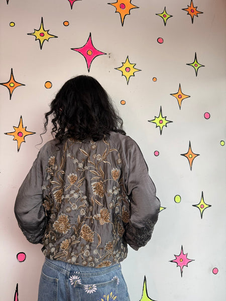 Embroidered Bomber Jacket Japanese Souvenir Jacket Y2K Glam Satin Sukajan S