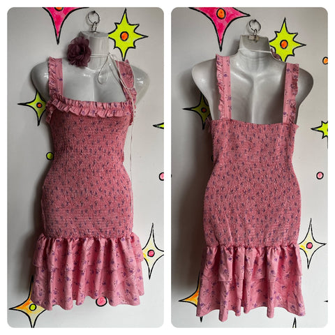 Vintage 90s Y2K | Pink Fairycore Ruffle Smocked Mini Babydoll Dress | Free Size