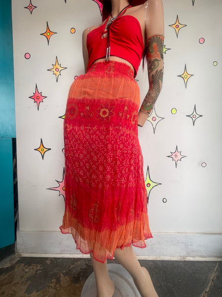 Red Orange Gauzy Paisley Maxi Skirt Flowy Fairy Whimsy Grunge Boho Western M/L