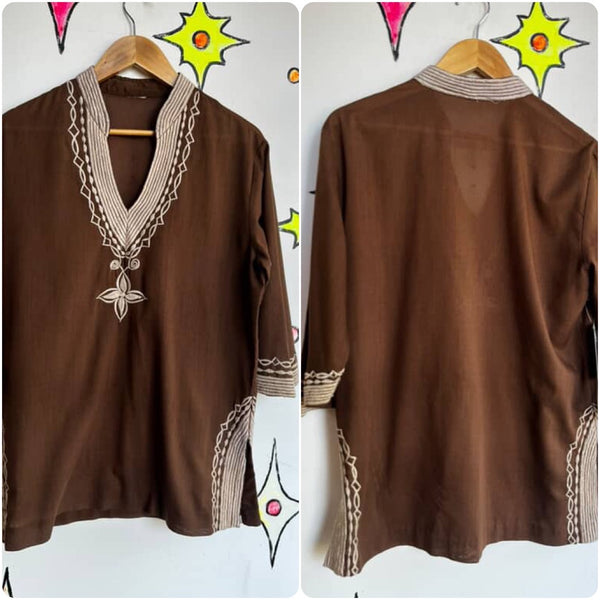Vintage Brown Boho Embroidered Cotton Blouse - Peasant Style Folk Top - Flowy