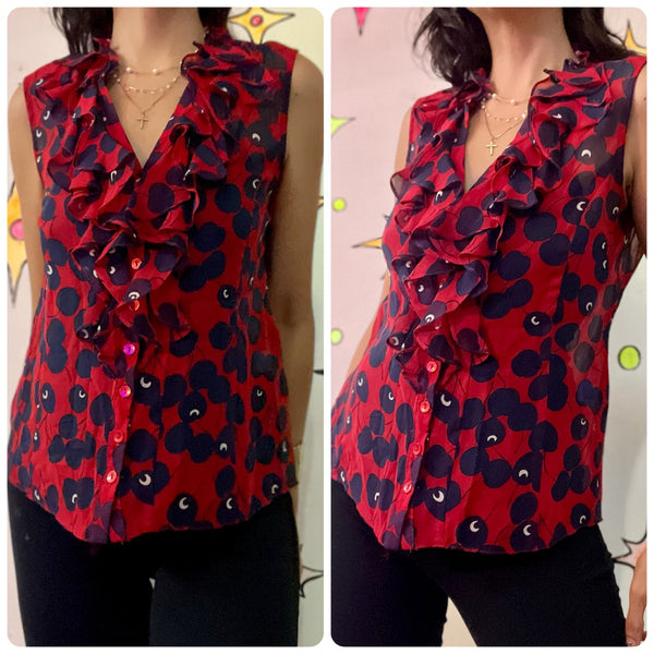 Vintage Y2K Nanette Lepore French Designer Cherry Red Ruffle Sheer Silk Blouse 6