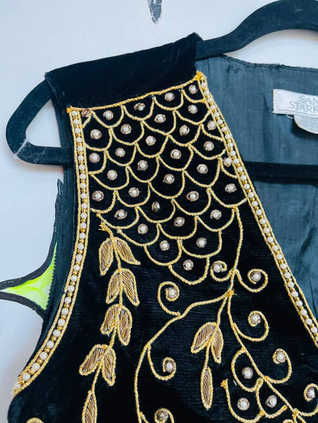 Vintage 80s 90s Black & Gold Embroidered Beaded Velvet Boho Vest - Size L