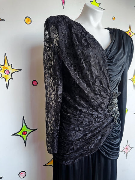 Vintage 80s Black Ruched Lace Jumpsuit | Goth Glam Formal Party Gown – L
