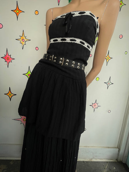 90s Y2K Vintage Black Whimsygoth Babydoll Dress White Lace Trim Lolita Mini S/M