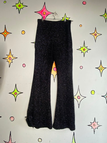 Vintage 90s Y2K Black Fairy Grunge Goth Sparkle Glitter Stretch Flare Pants L