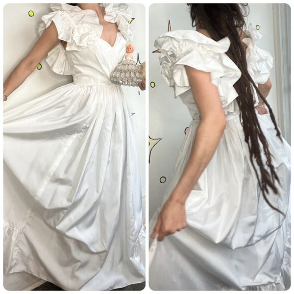 80s White Ruffle Poofy Cupcake Dress Vintage Prom Wedding Party Princess _ S