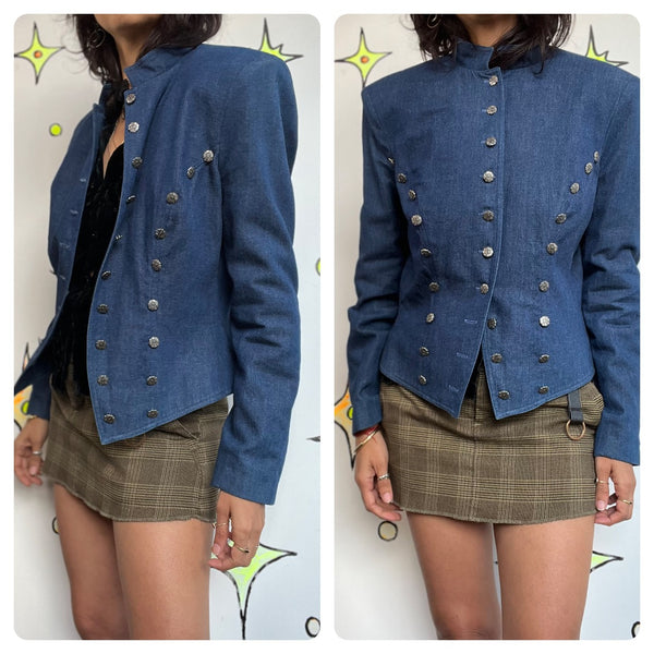 Vintage 90s / Y2K Blue Denim Military Boho Grunge Western Steampunk Jacket | S