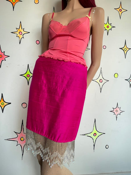 Johanne Beck Silk Luxe Hot Pink Skirt w Iridescent Beaded Fringe Flapper Glam S