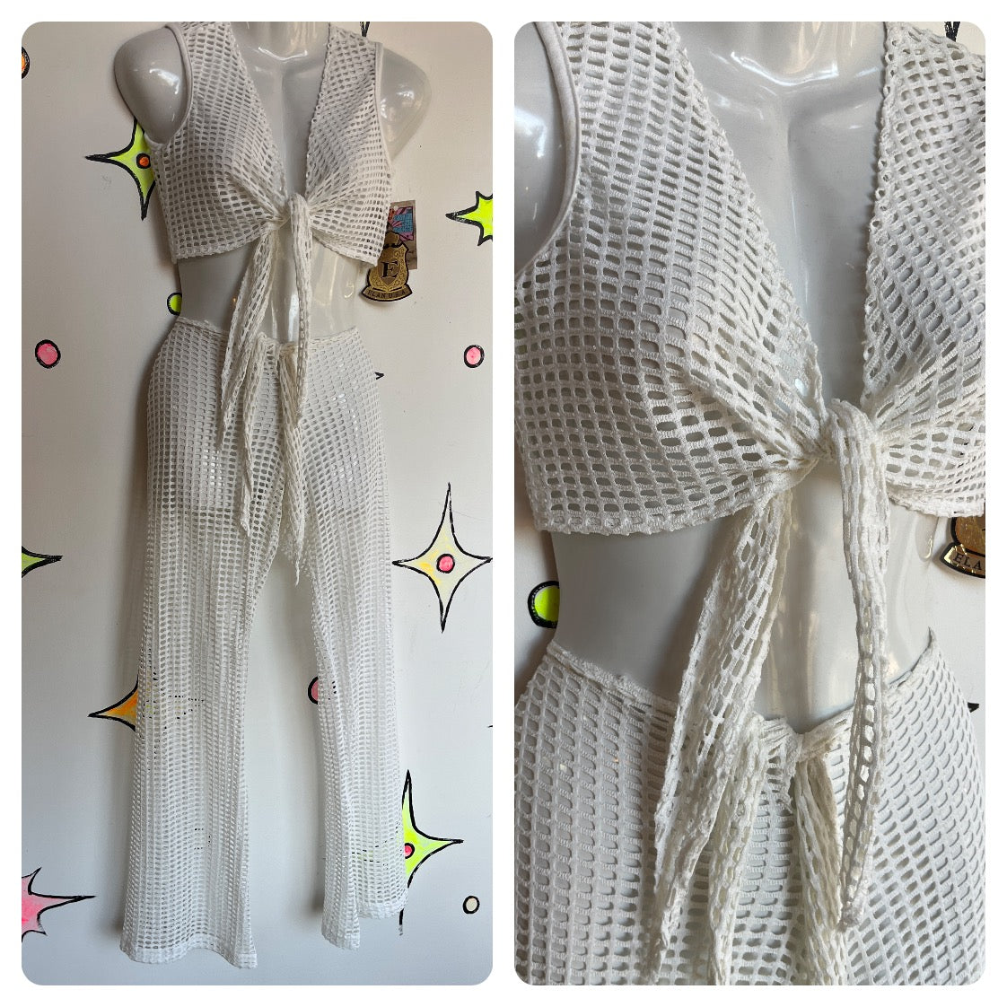 Vintage 90s | Deadstock White Mesh Halter and Low Rise Flares 2 Piece Set | S