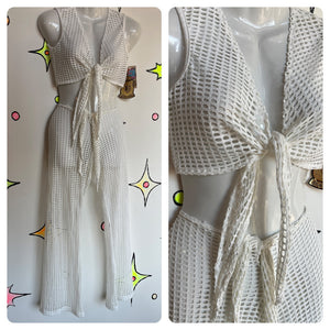 Vintage 90s | Deadstock White Mesh Halter and Low Rise Flares 2 Piece Set | S