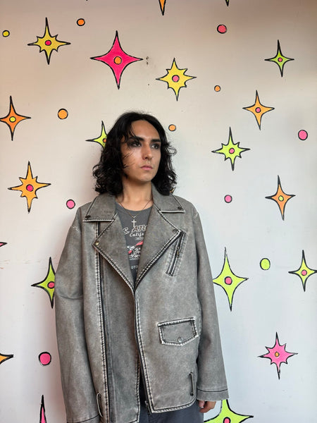 Y2K Distressed Vegan Leather Jacket | Grunge Goth Cyber Punk Rocker Jacket L