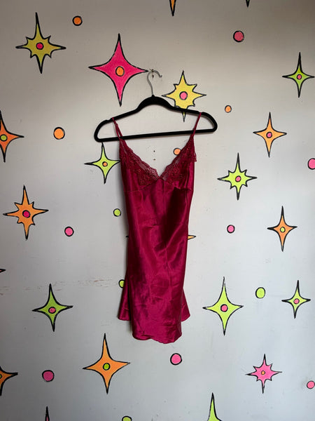 Vintage Red Satin Lace Slip Romantic 90s Lingerie Vampy Boudoir Dress M
