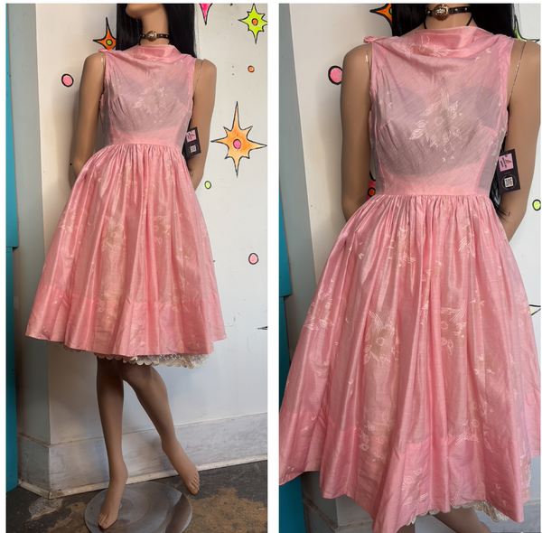 Vintage 50s Pink Bows Dress Babydoll Cotton Cupcake Party Kawaii Twirl Pinup S/M