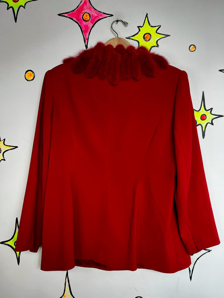 Vintage 80s Cherry Red Christmas Holiday Party Blazer – Glam Feather Trim XL+
