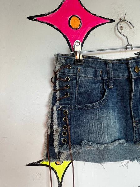 Y2K Indie Sleaze Ultra Mini Denim Skirt Lace Up 2000s Grunge McBling Clubwear XS