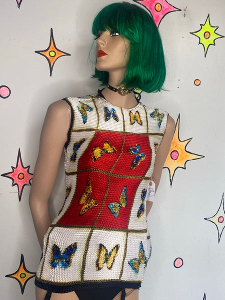 90s Butterfly Popcorn Top Boho Fairy Grunge Stretchy Y2K Crinkle Shirt Free Size