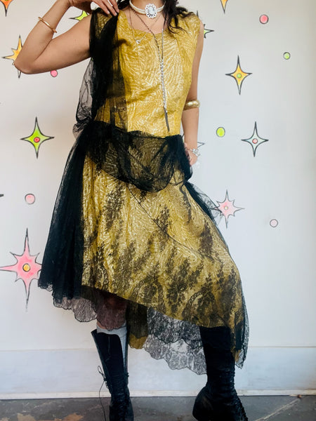 Antique 1920s Gold and Black Lace Flapper Party Dress | Gatsby Era Evening Gown