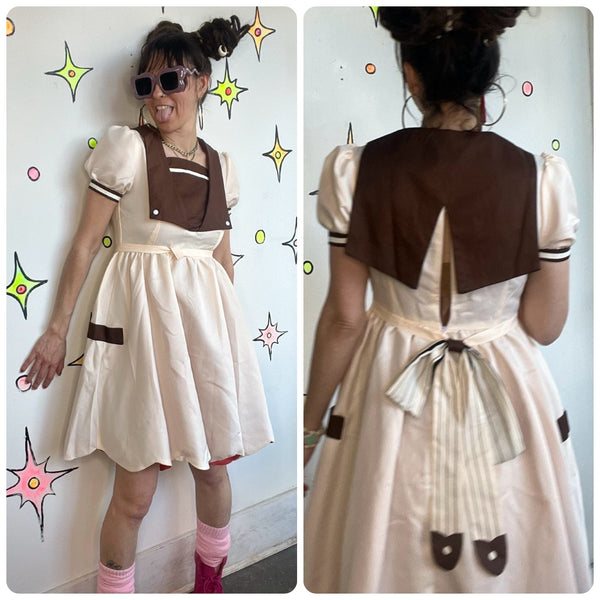 Vintage Sailor Schoolgirl Babydoll Dress Cottage Academia Cosplay Bow Belt S