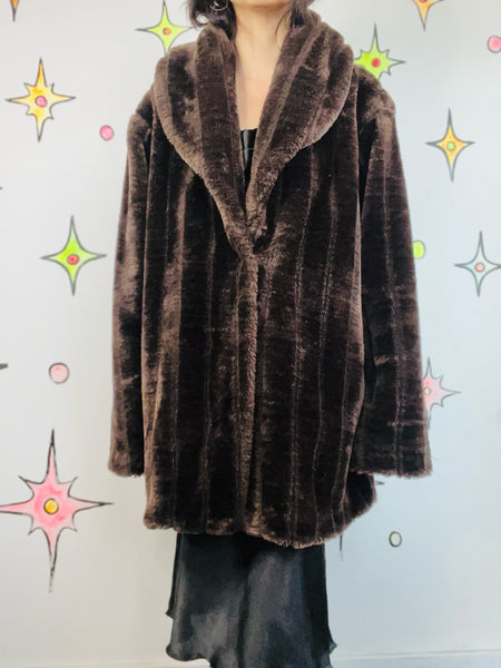 Vintage 70s 80s Y2K Brown Faux Fur Vegan Glam Mob Wife Pinup Boho Grunge Coat X+