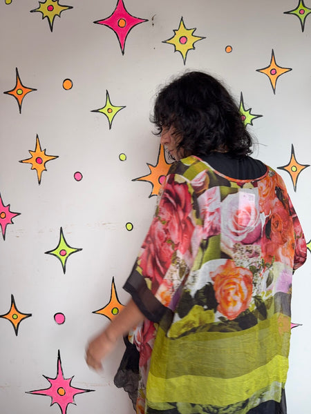 Y2K Floral Collage Print Duster Sheer Boho Kimono Romantic Fairy Grunge - OS
