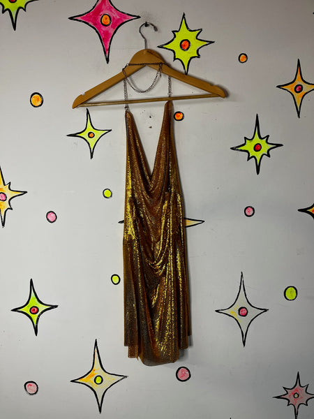 Glam Y2K Gold Disco Mesh Chainmail Mini Dress Fairy Grunge Clubwear NYE Party