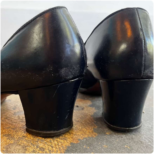 1930s Lace-Up Black Leather Peep Toe Pumps - Low Heel Cutout Design - Size 8