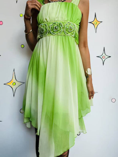 Y2K Pastel Green Fairy Boho Grunge Tinkerbell Princess Asymetric Mini Dress – S