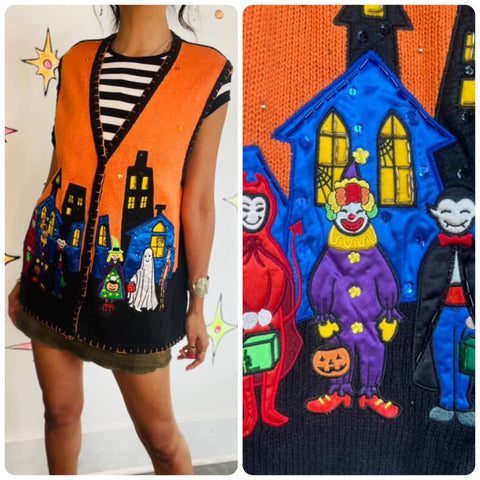 Vintage 90s Halloween Sweater Vest | Ugly Tacky Holiday Clowncore | Size L