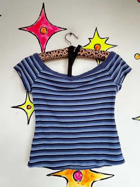 Vintage 90s Y2K Blue Striped Ribbed Crop Top Tee - Fairy Grunge Indie - M