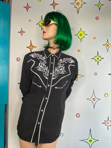 Men’s Black Embroidered Western Shirt Goth Cowboy Grunge Button Down L