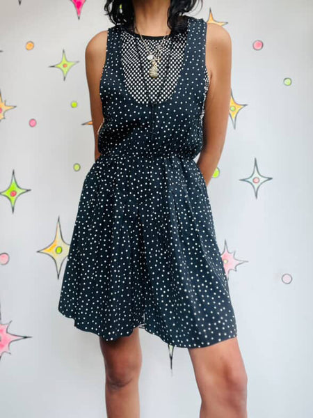Vintage 80s Black & White Polka Dot Romper Mini Dress / Skort Whimsy Goth Small