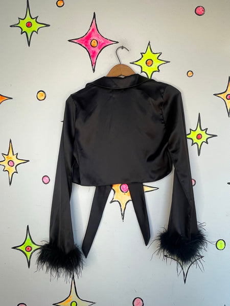 Black Wrap Crop Blouse with Feather Trim | Glam Goth Y2K Statement Top – M