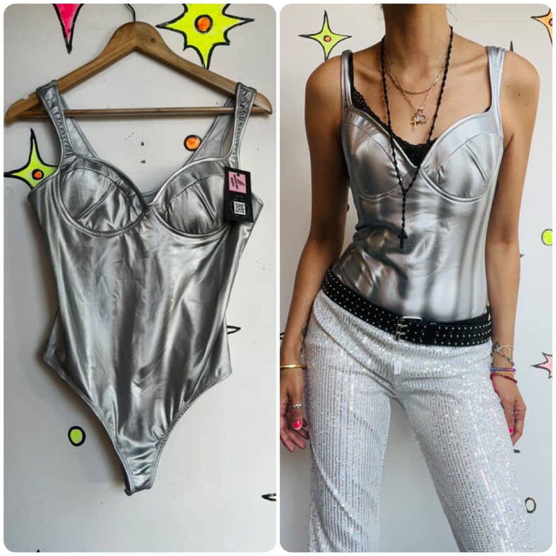 90s Y2K | Silver Metallic Space Girl Cosplay Disco Glam Costume Bodysuit | L